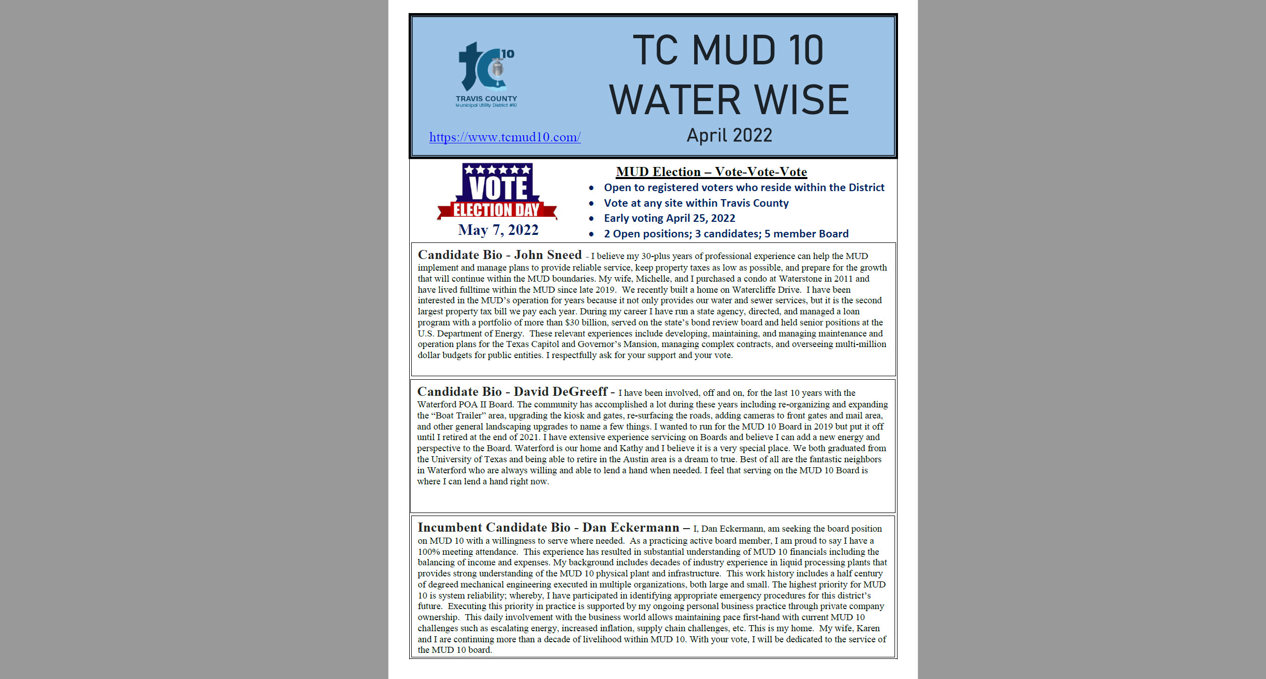 The April 2022 Edition of Travis County MUD 10 Water Wise Newsletter is now available.